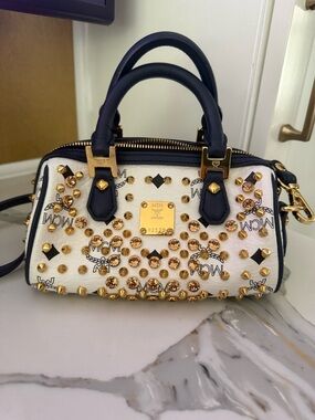 MCM White Visetos Crystal & Gold-Stud Mini Satchel